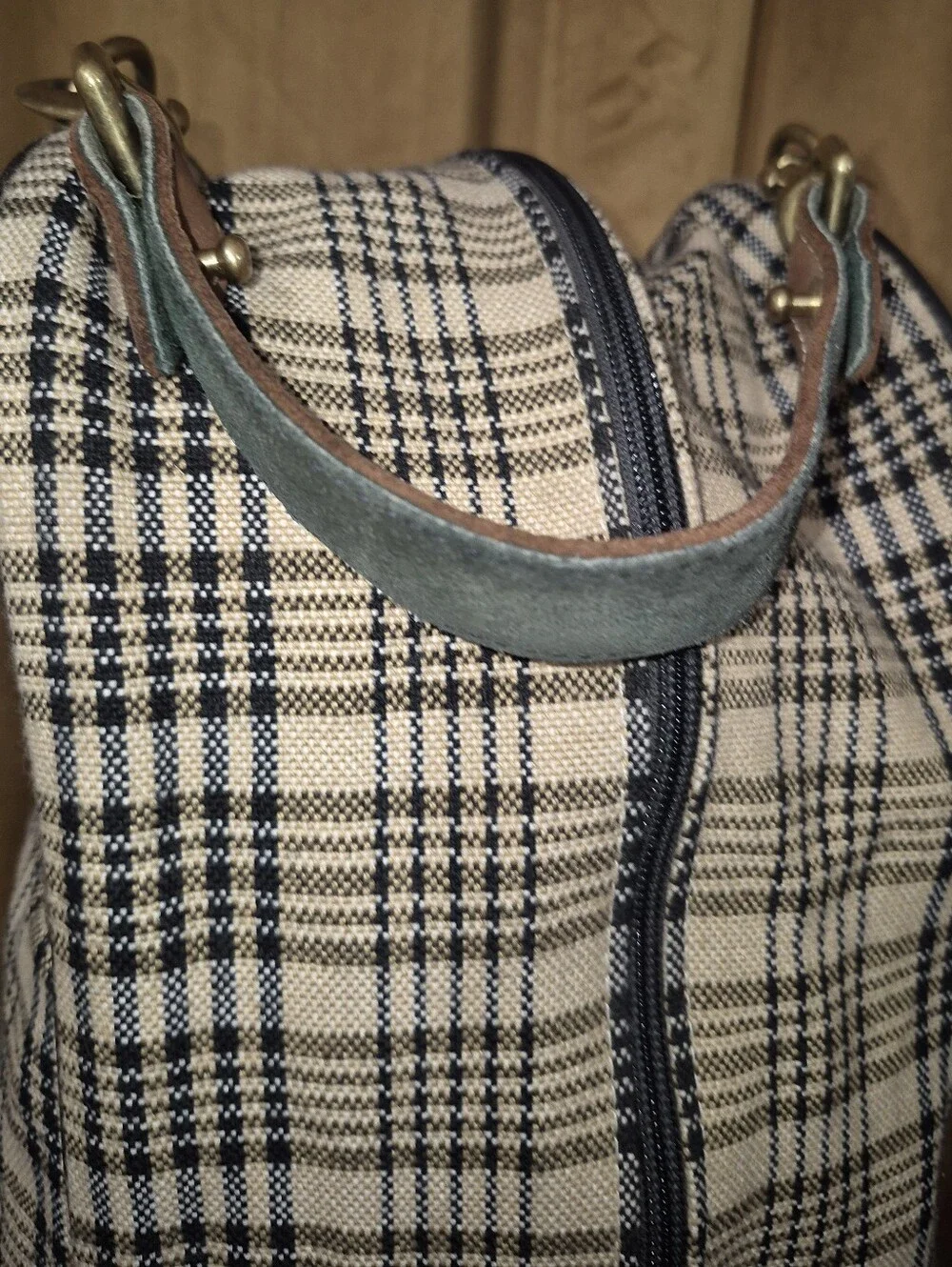 🔥5/A Baker Blanket Plaid Woven Fabric Suede Leather Riding Boot Bag Equestrian